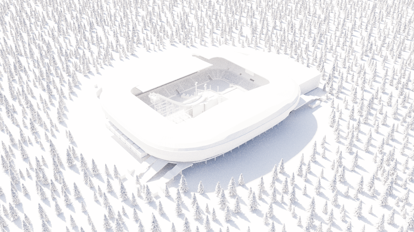 Hier sehen Sie ein 3D gezeichnetes Bild des Wörtherseestadions mit der BIGAIR Schanze in der Mitte.